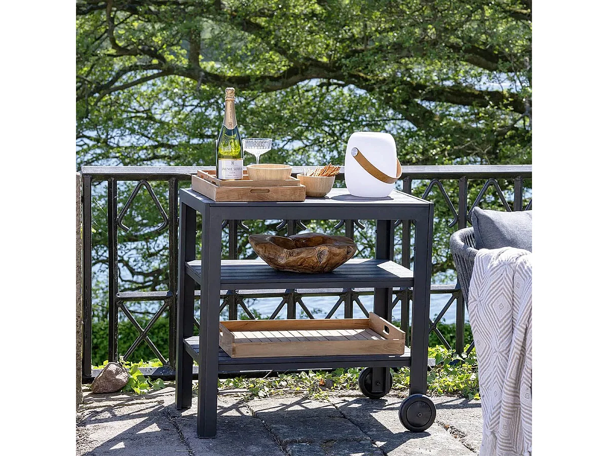 PAULETTE - Desserte à Roulettes Noires en Aluminium et Plateaux Effet Bois