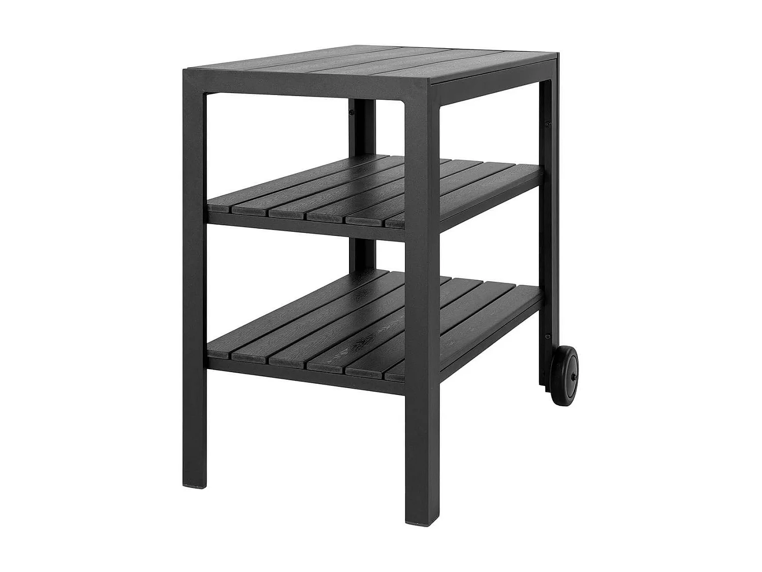 PAULETTE - Desserte à Roulettes Noires en Aluminium et Plateaux Effet Bois