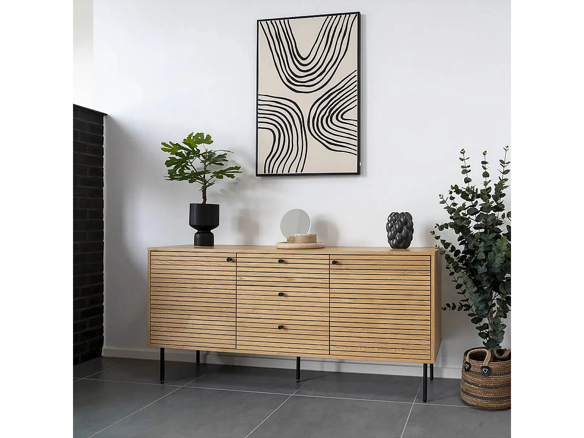 LOWAN - Buffet 3 Tiroirs 2 Portes Effet Tasseaux Teinté Chêne Clair