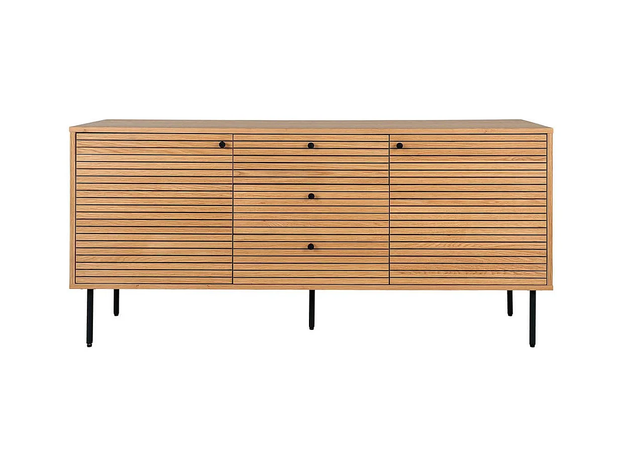 LOWAN - Buffet 3 Tiroirs 2 Portes Effet Tasseaux Teinté Chêne Clair