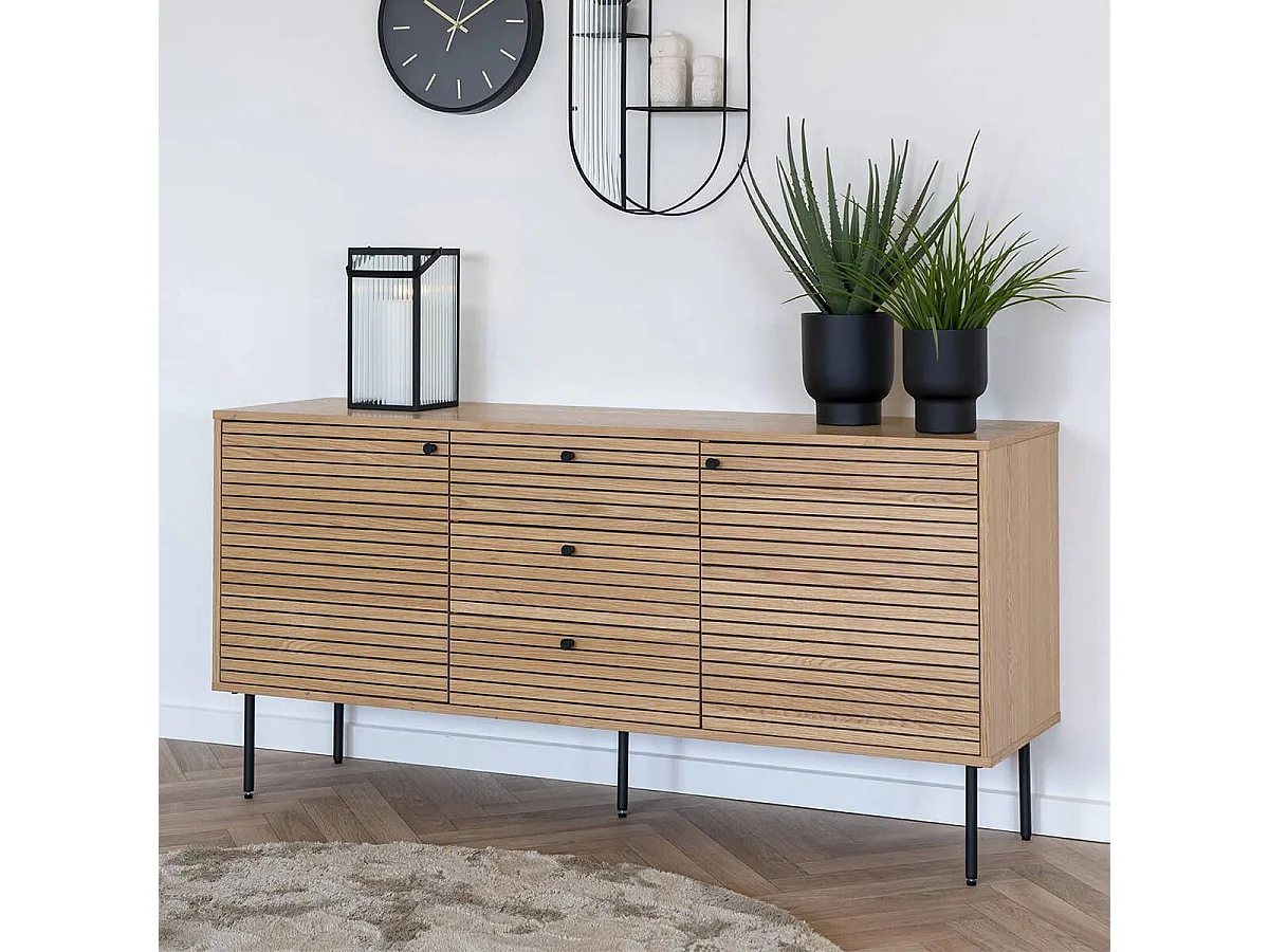 LOWAN - Buffet 3 Tiroirs 2 Portes Effet Tasseaux Teinté Chêne Clair