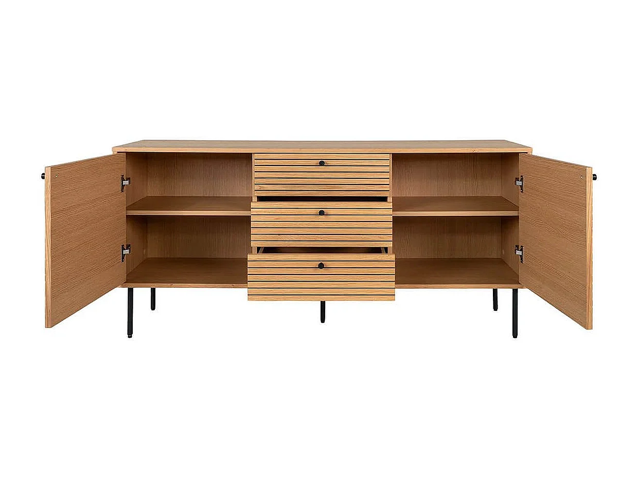 LOWAN - Buffet 3 Tiroirs 2 Portes Effet Tasseaux Teinté Chêne Clair