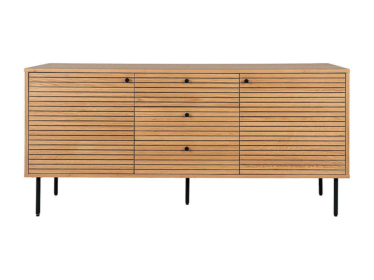 LOWAN - Buffet 3 Tiroirs 2 Portes Effet Tasseaux Teinté Chêne Clair