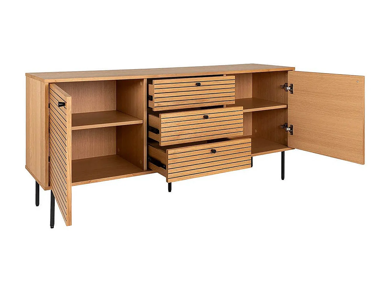 LOWAN - Buffet 3 Tiroirs 2 Portes Effet Tasseaux Teinté Chêne Clair