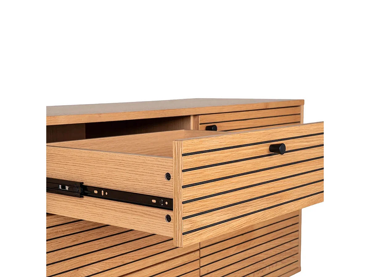 LOWAN - Buffet 3 Tiroirs 2 Portes Effet Tasseaux Teinté Chêne Clair