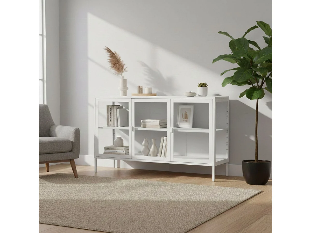 HENDRA - Buffet 3 Portes Verre et Acier Blanc