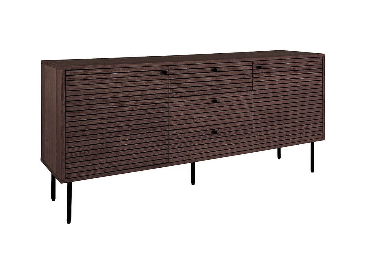 LOWAN - Buffet 3 Tiroirs 2 Portes Effet Tasseaux Teinté Chêne Foncé