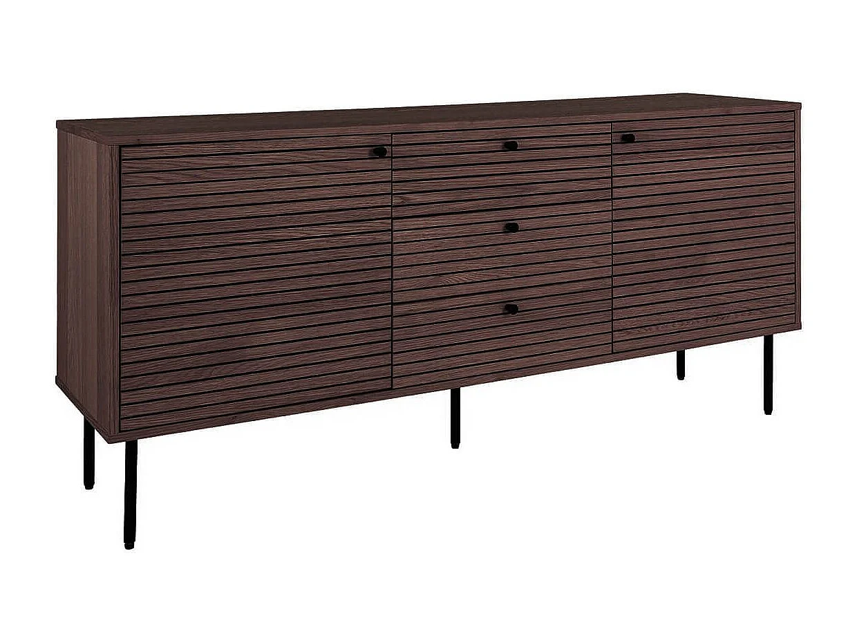 LOWAN - Buffet 3 Tiroirs 2 Portes Effet Tasseaux Teinté Chêne Foncé