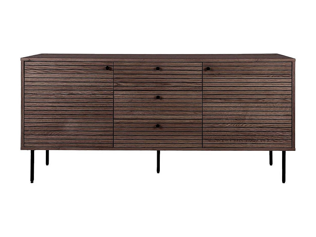 LOWAN - Buffet 3 Tiroirs 2 Portes Effet Tasseaux Teinté Chêne Foncé