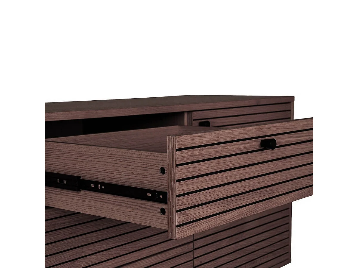 LOWAN - Buffet 3 Tiroirs 2 Portes Effet Tasseaux Teinté Chêne Foncé