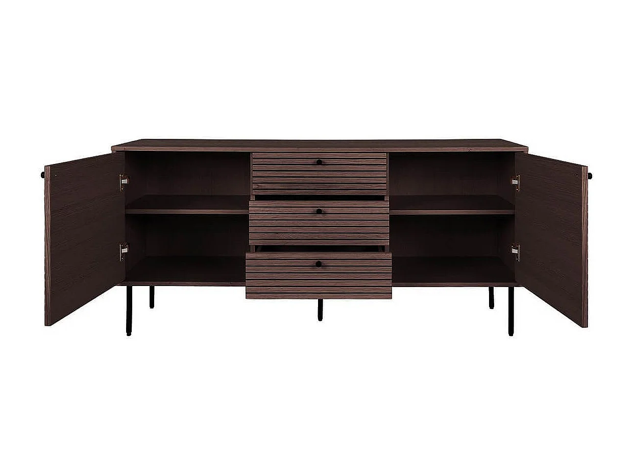 LOWAN - Buffet 3 Tiroirs 2 Portes Effet Tasseaux Teinté Chêne Foncé