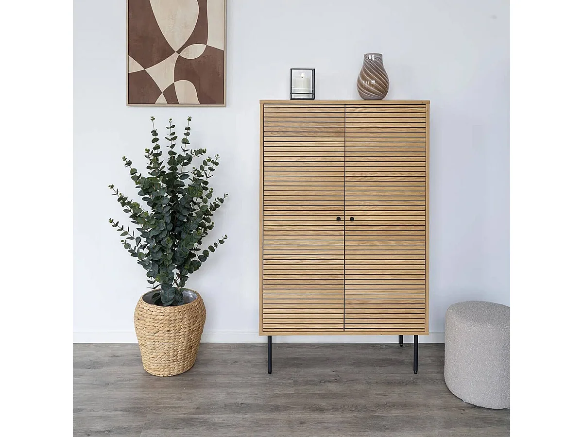 LOWAN - Buffet Haut 2 Portes Effet Tasseaux Teinté Chêne Clair