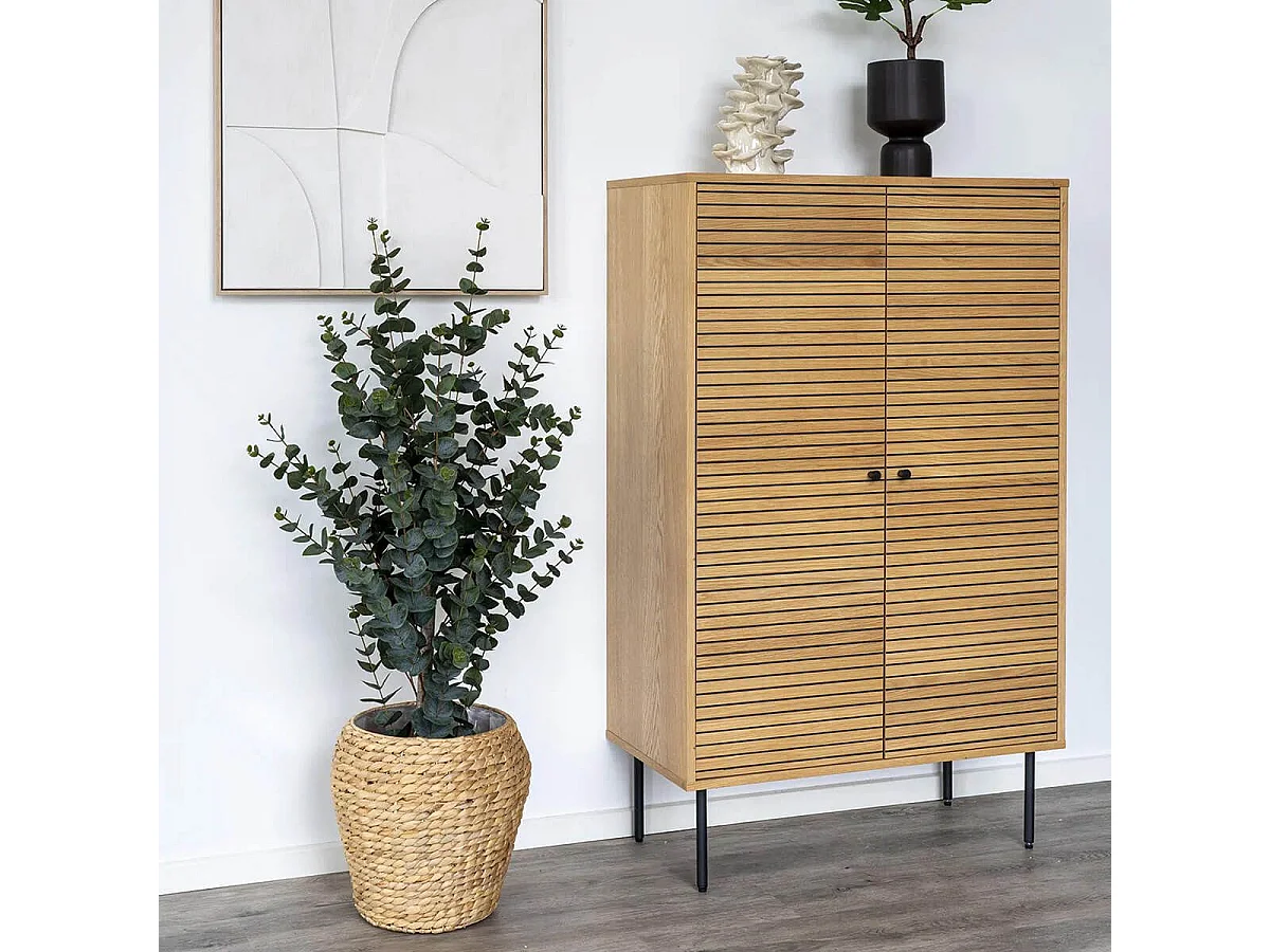 LOWAN - Buffet Haut 2 Portes Effet Tasseaux Teinté Chêne Clair