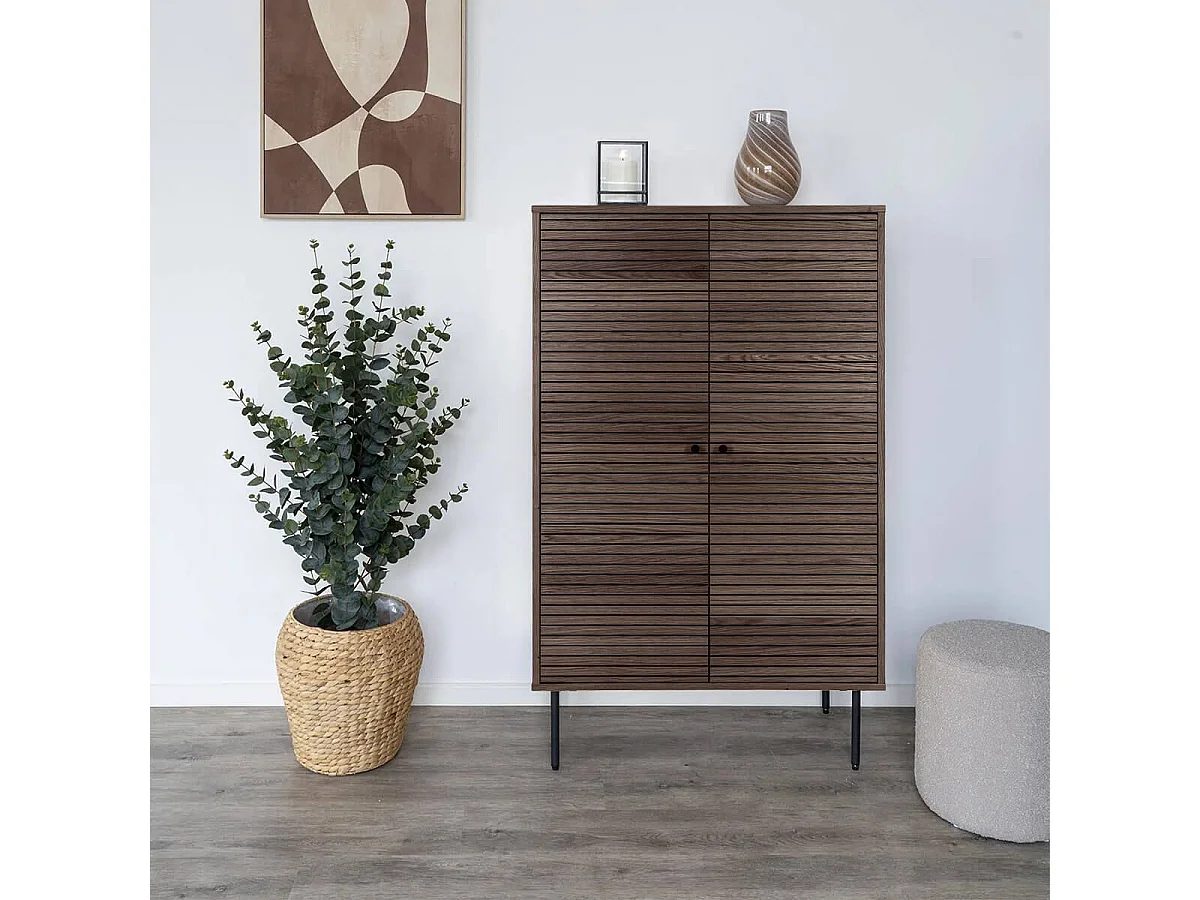 LOWAN - Buffet Haut 2 Portes Effet Tasseaux Teinté Chêne Foncé