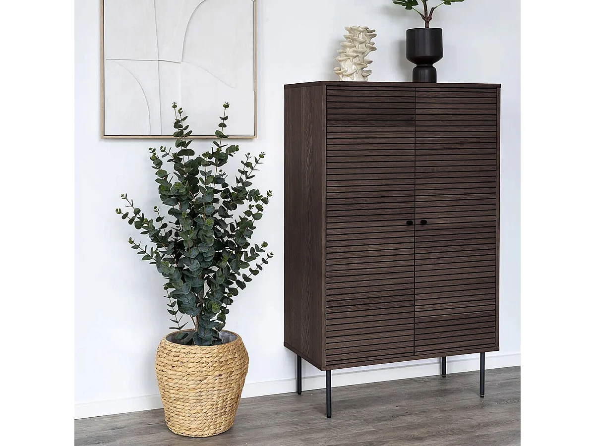 LOWAN - Buffet Haut 2 Portes Effet Tasseaux Teinté Chêne Foncé