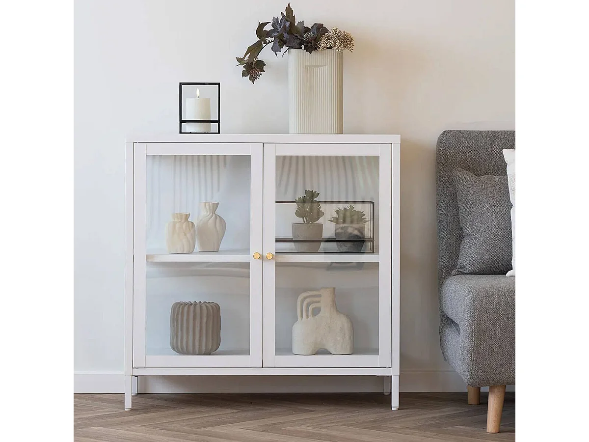 HUGO - Meuble d'appoint  2 Portes Vitrées en Métal Laqué Blanc