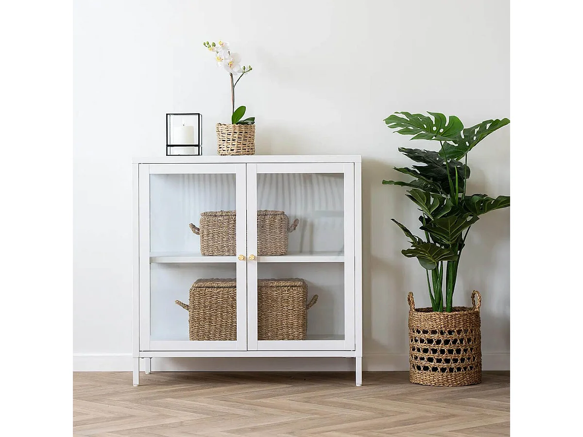 HUGO - Meuble d'appoint  2 Portes Vitrées en Métal Laqué Blanc