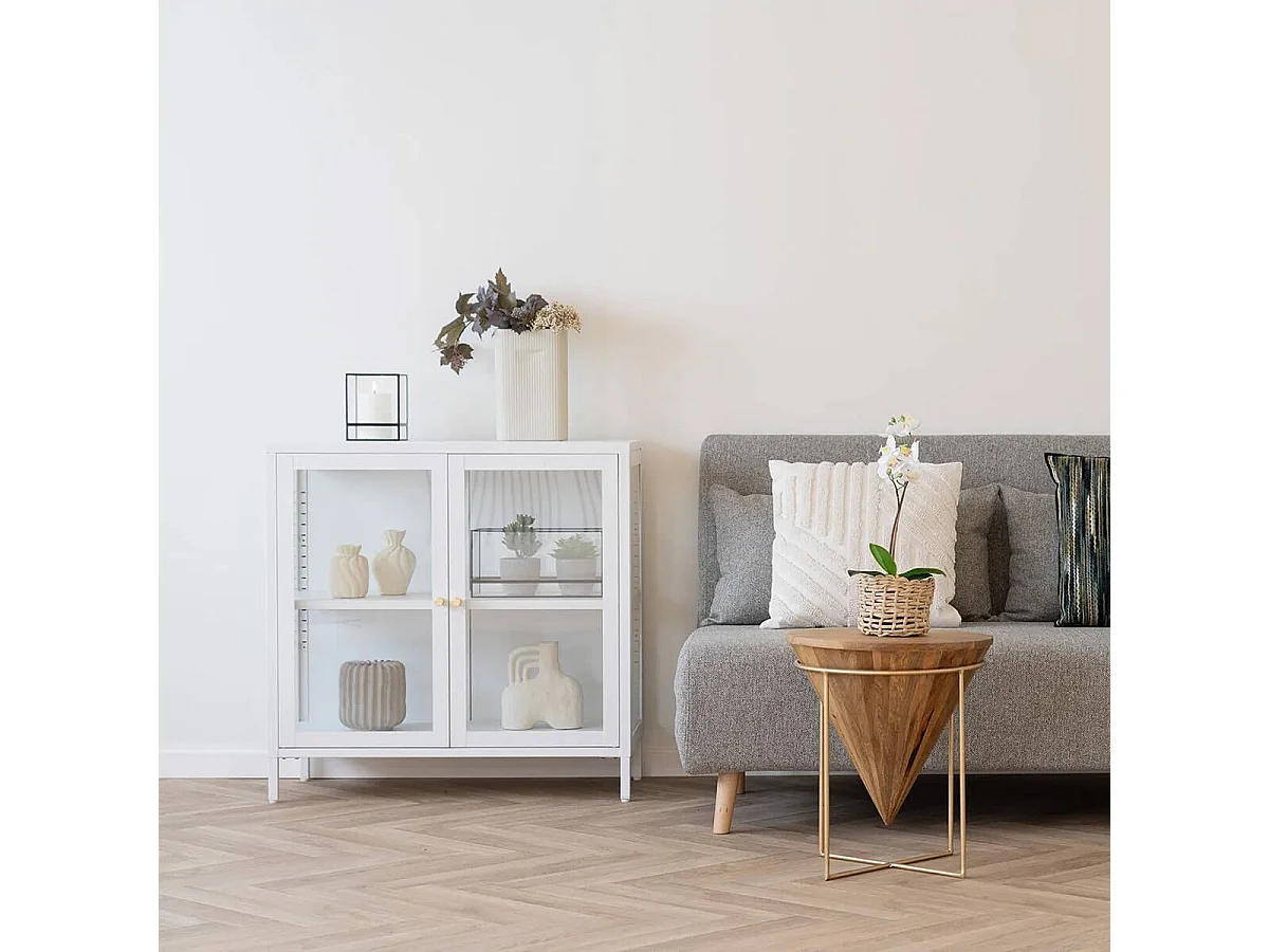 HUGO - Meuble d'appoint  2 Portes Vitrées en Métal Laqué Blanc