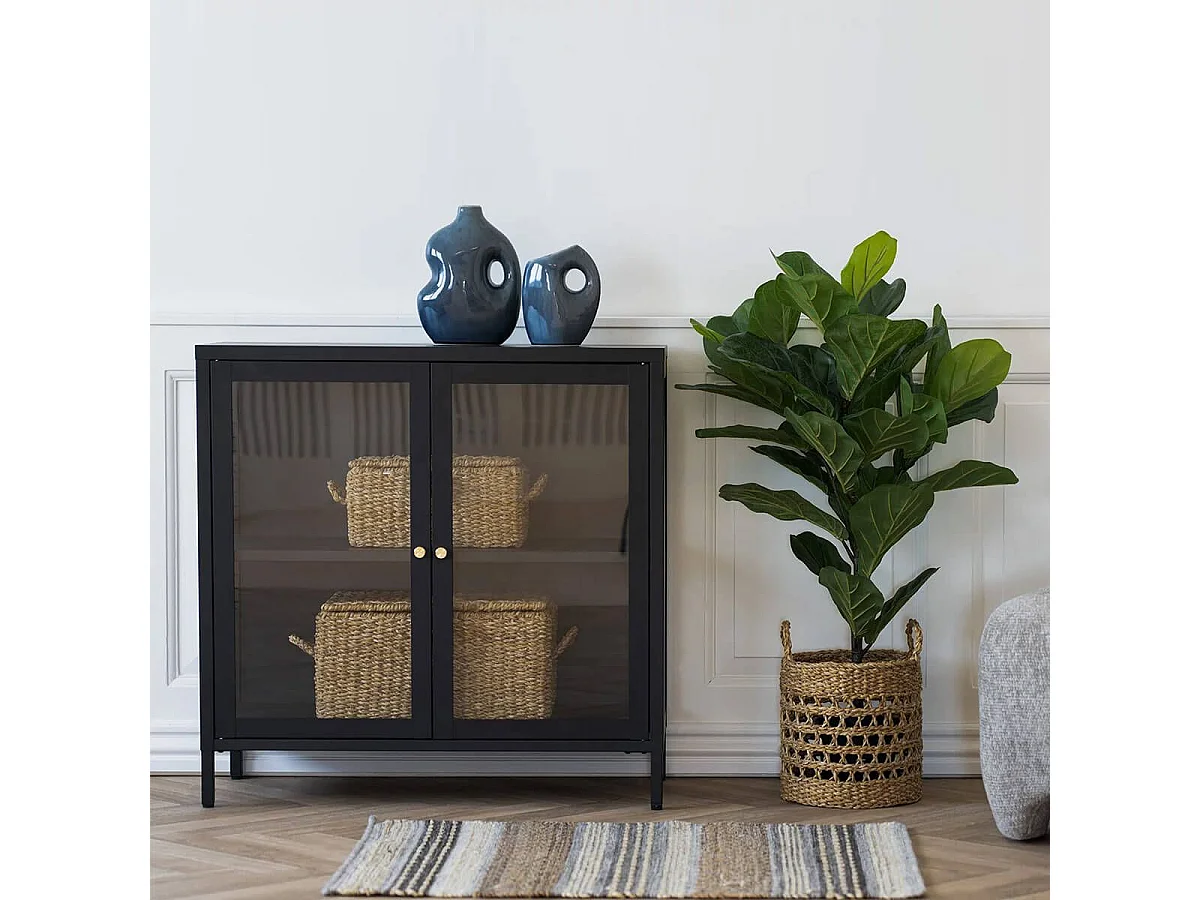 HUGO - Meuble d'appoint  2 Portes Vitrées en Métal Laqué Noir