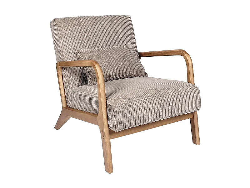 AMORY - Fauteuil en velours côtelé coloris taupe pieds et accoudoirs en hévéa