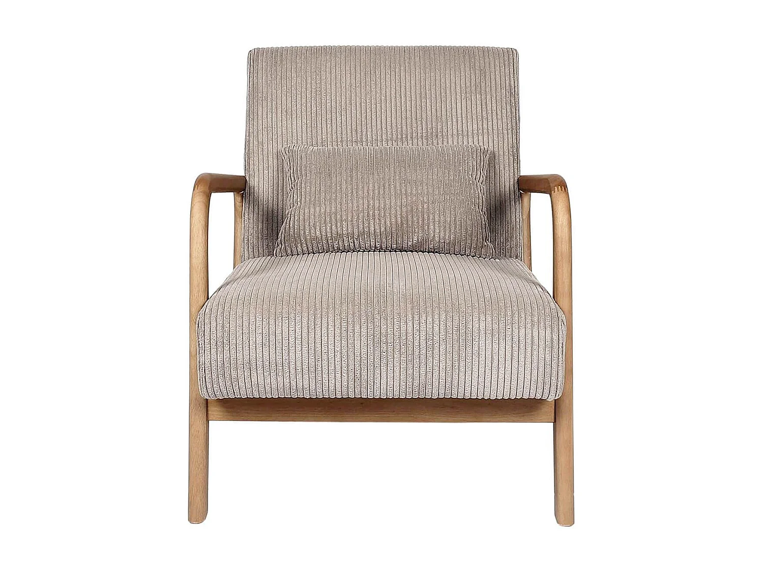 AMORY - Fauteuil en velours côtelé coloris taupe pieds et accoudoirs en hévéa