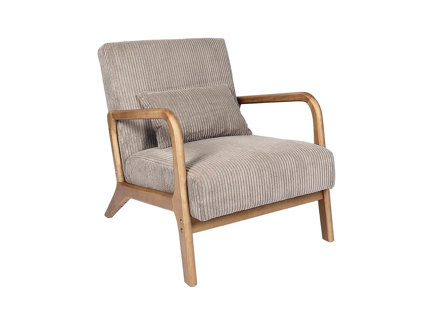 AMORY - Fauteuil en velours côtelé coloris taupe pieds et accoudoirs en hévéa