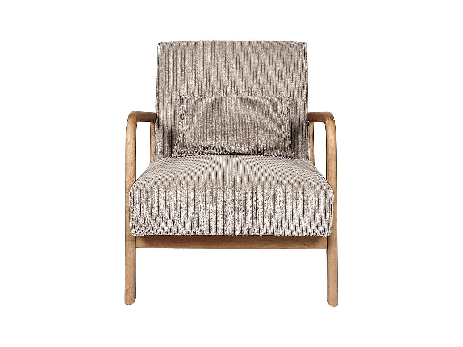 AMORY - Fauteuil en velours côtelé coloris taupe pieds et accoudoirs en hévéa