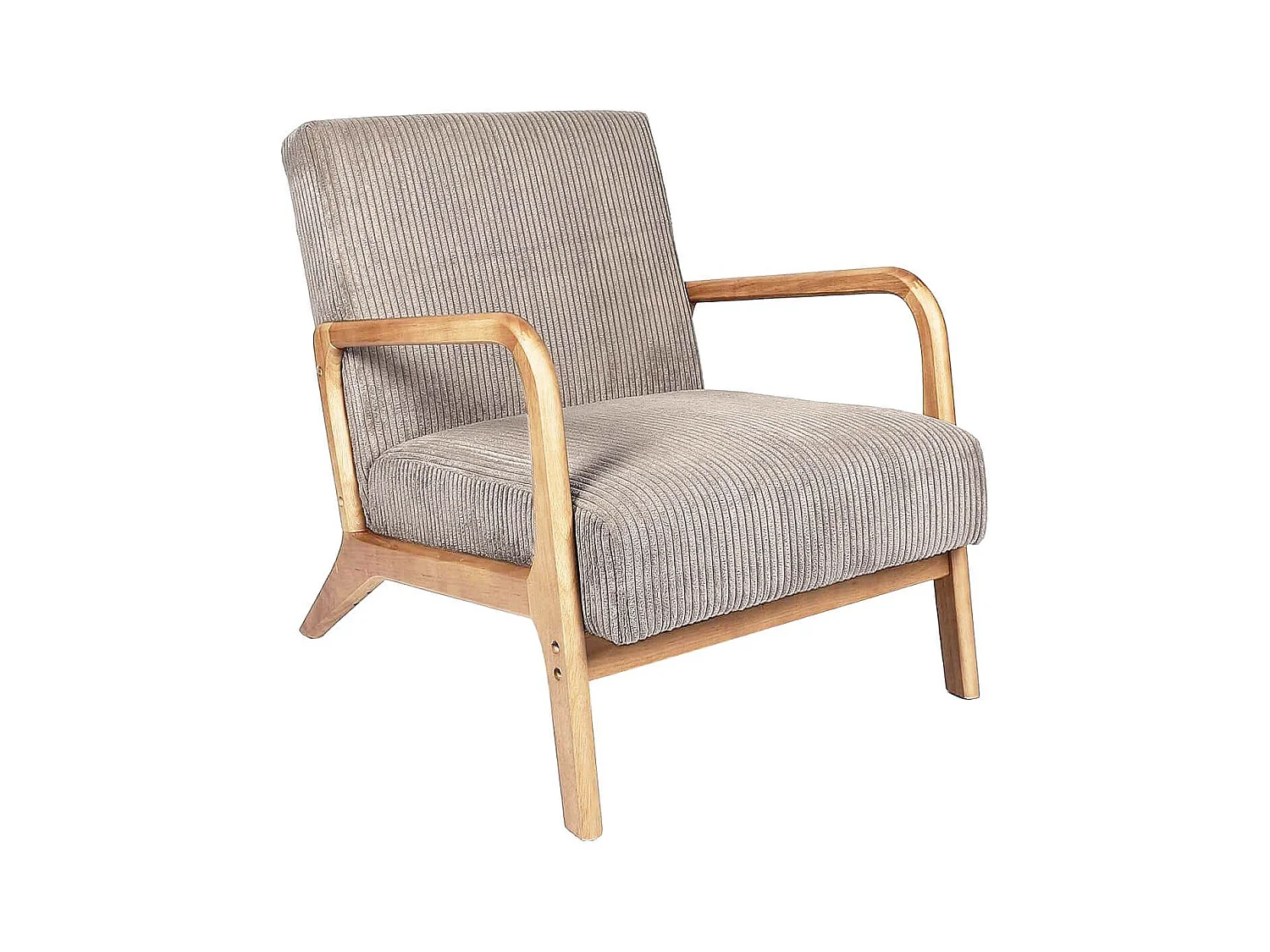 AMORY - Fauteuil en velours côtelé coloris taupe pieds et accoudoirs en hévéa