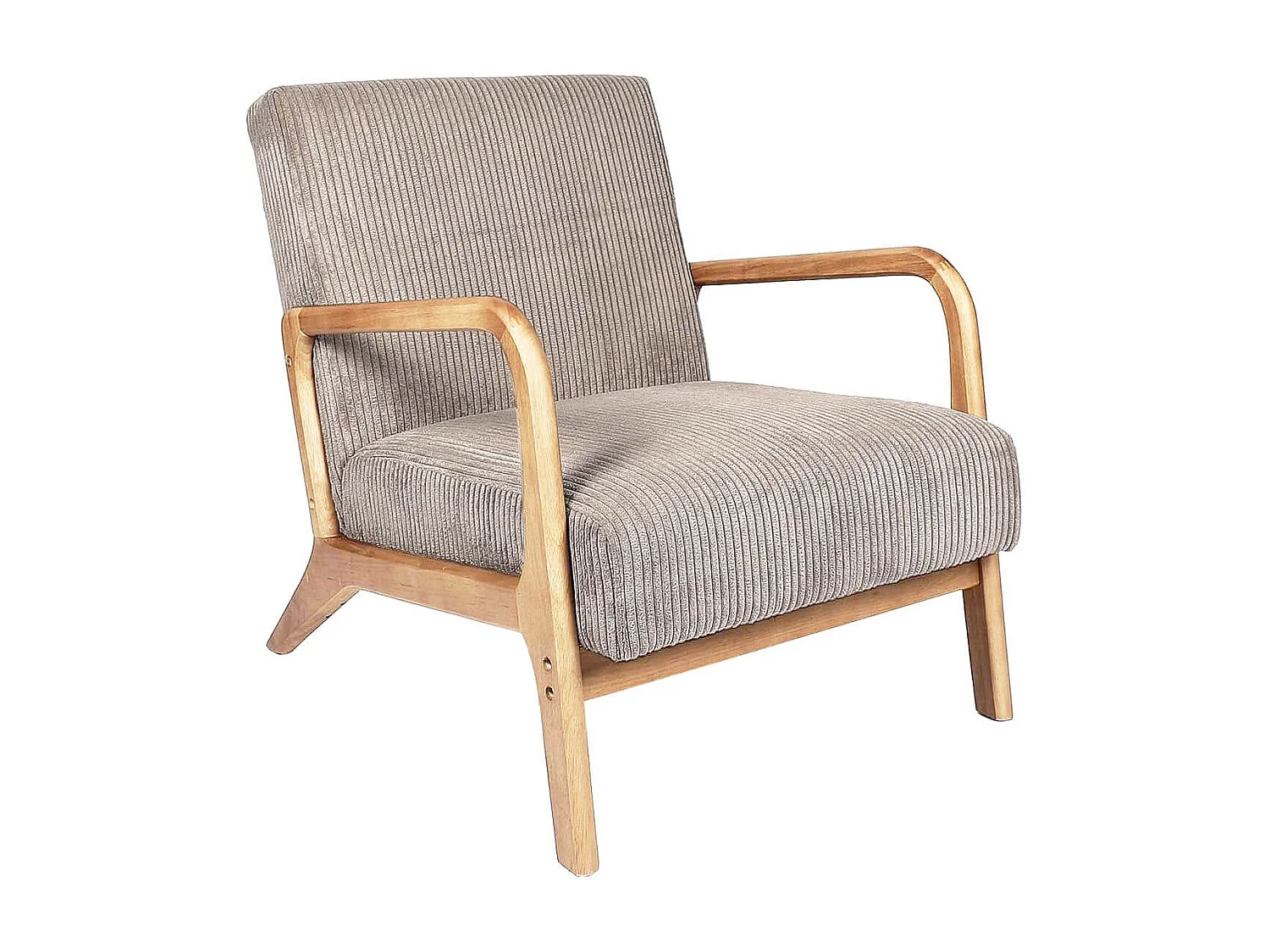 AMORY - Fauteuil en velours côtelé coloris taupe pieds et accoudoirs en hévéa