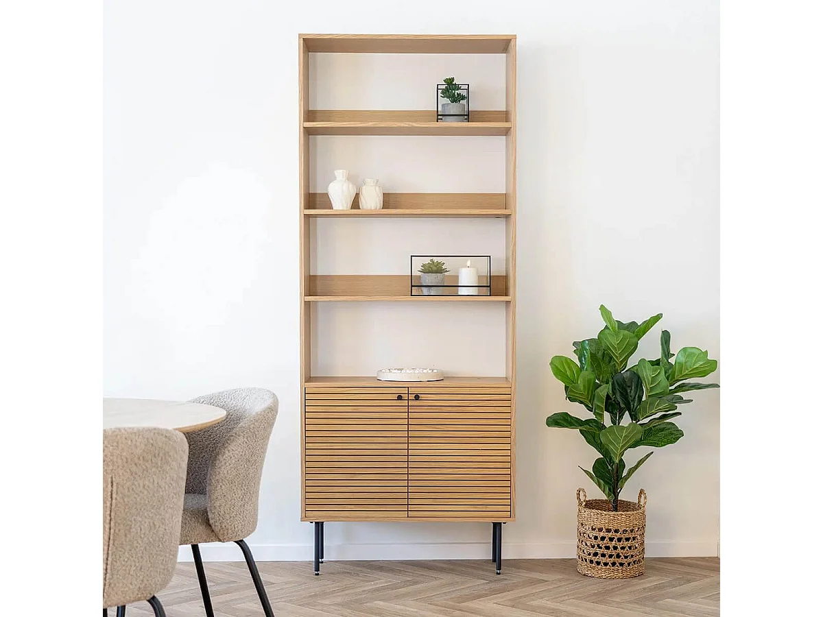 LOWAN - Etagère 4 Niveaux et 2 Portes Effet Tasseaux Teinté Chêne Clair