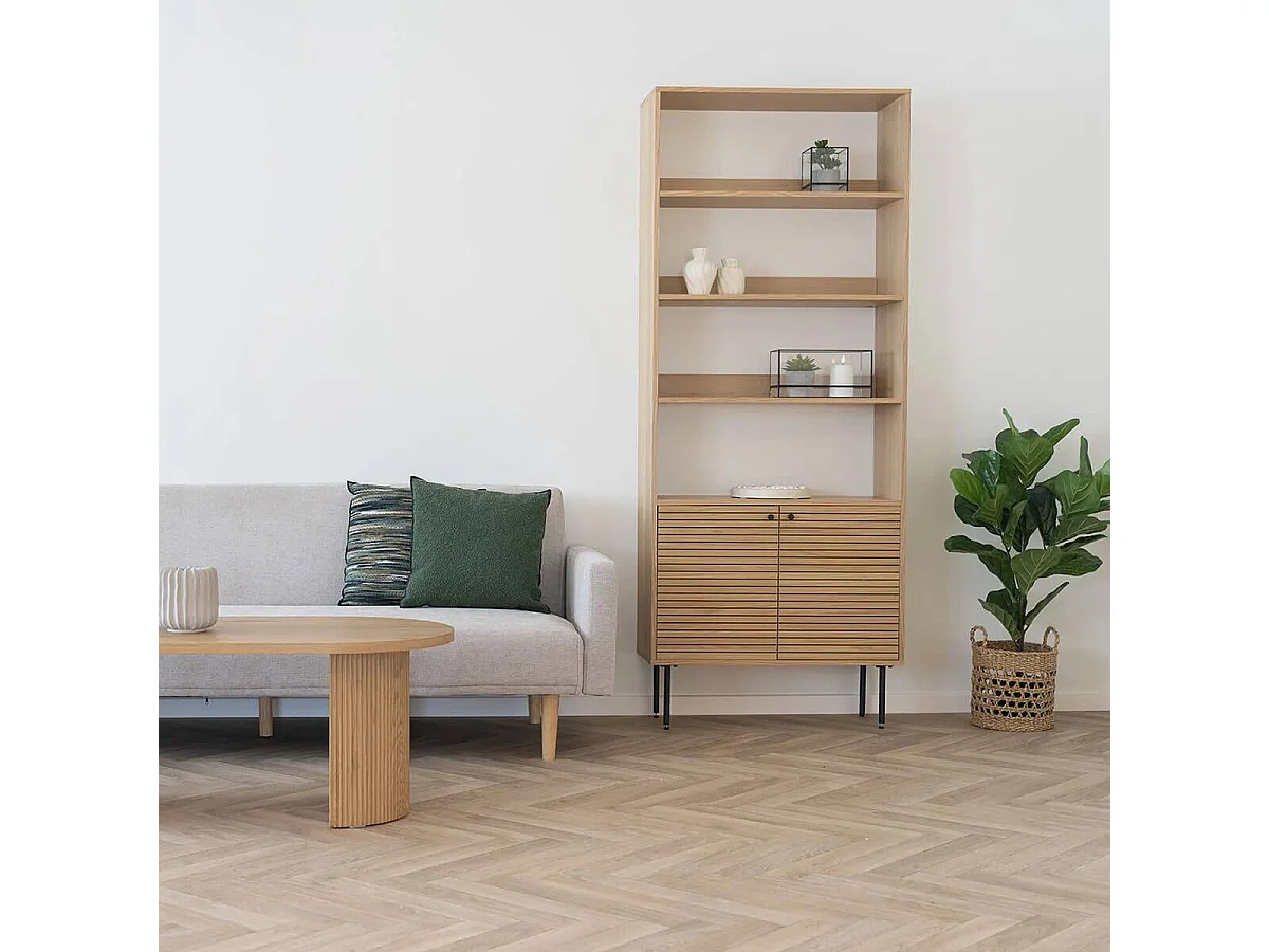 LOWAN - Etagère 4 Niveaux et 2 Portes Effet Tasseaux Teinté Chêne Clair
