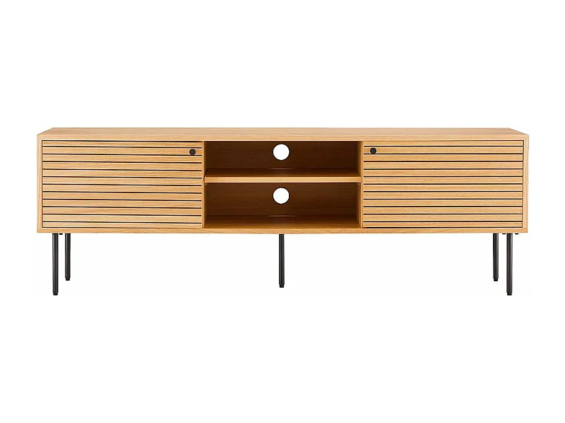 LOWAN - Meuble TV 2 Niches 2 Portes Effet Tasseaux Teinté Chêne Clair