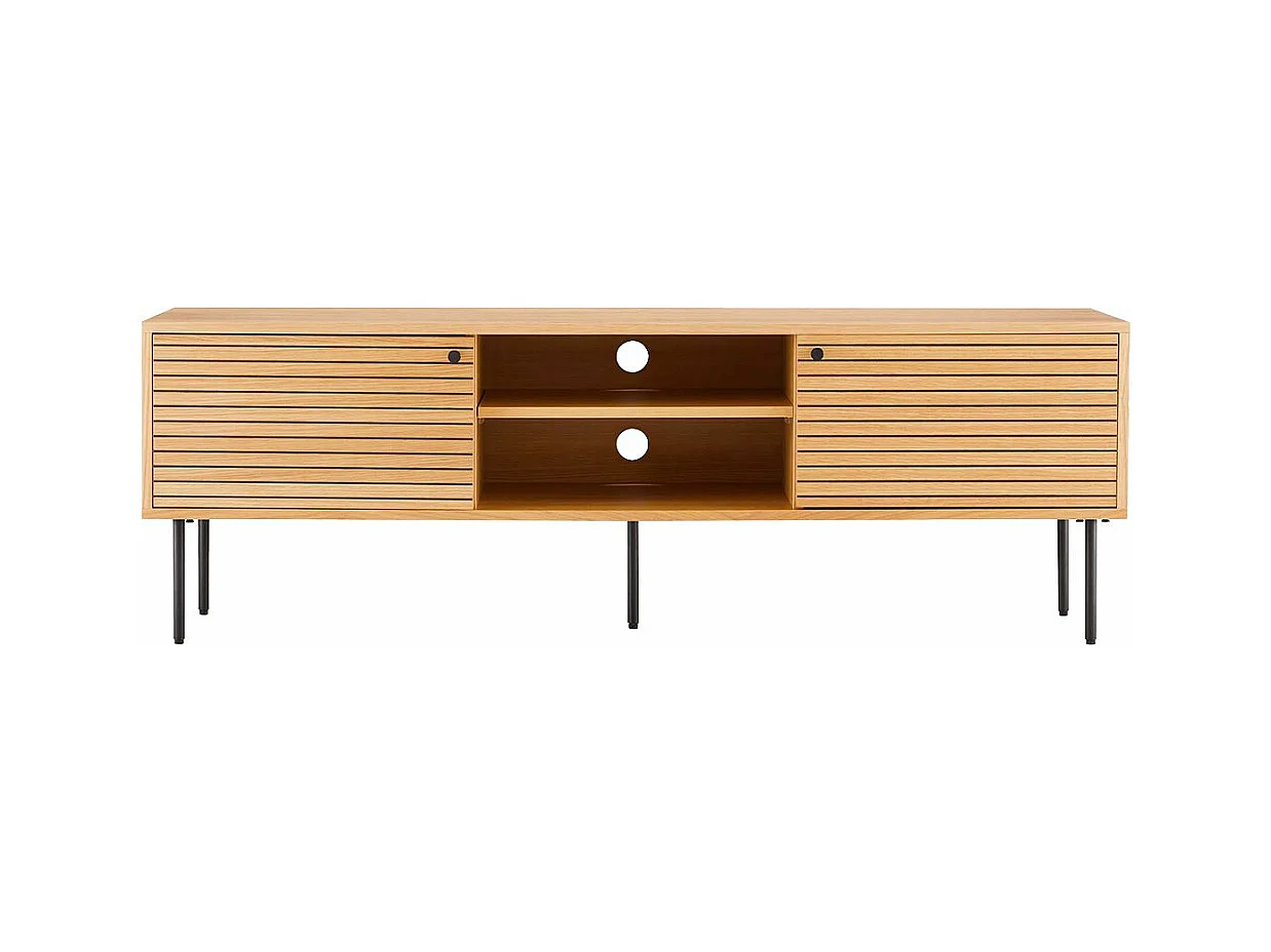 LOWAN - Meuble TV 2 Niches 2 Portes Effet Tasseaux Teinté Chêne Clair