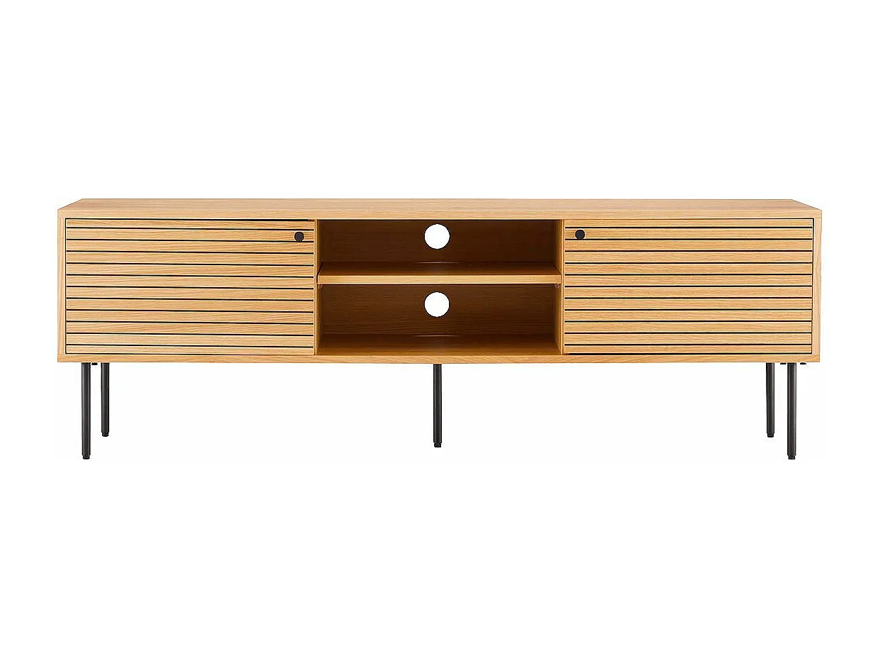 LOWAN - Meuble TV 2 Niches 2 Portes Effet Tasseaux Teinté Chêne Clair