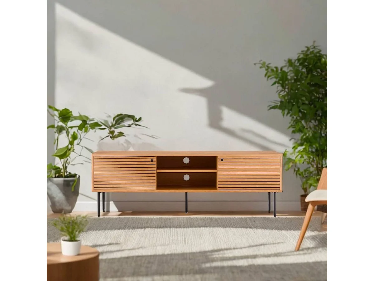 LOWAN - Meuble TV 2 Niches 2 Portes Effet Tasseaux Teinté Chêne Clair