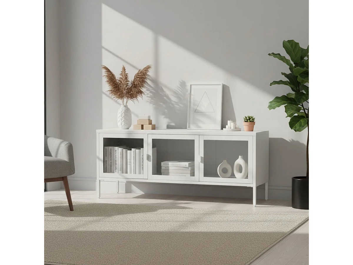 HENDRA - Meuble TV 3 Portes Verre et Acier Blanc
