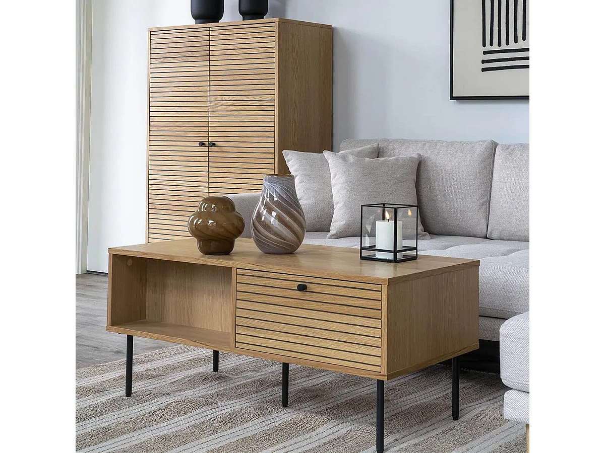 LOWAN - Table basse 2 Tiroirs Effet Tasseaux Teinté Chêne Clair