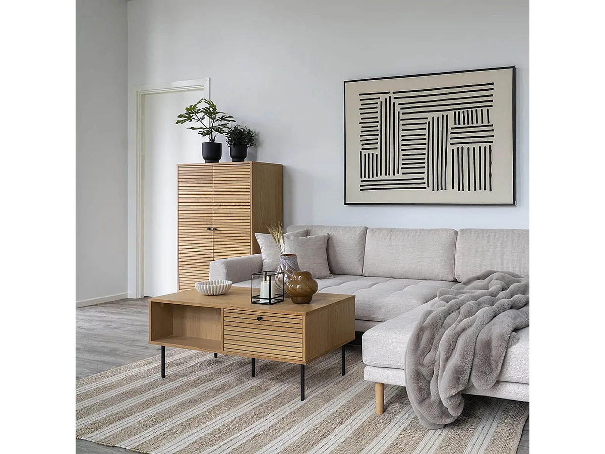 LOWAN - Table basse 2 Tiroirs Effet Tasseaux Teinté Chêne Clair
