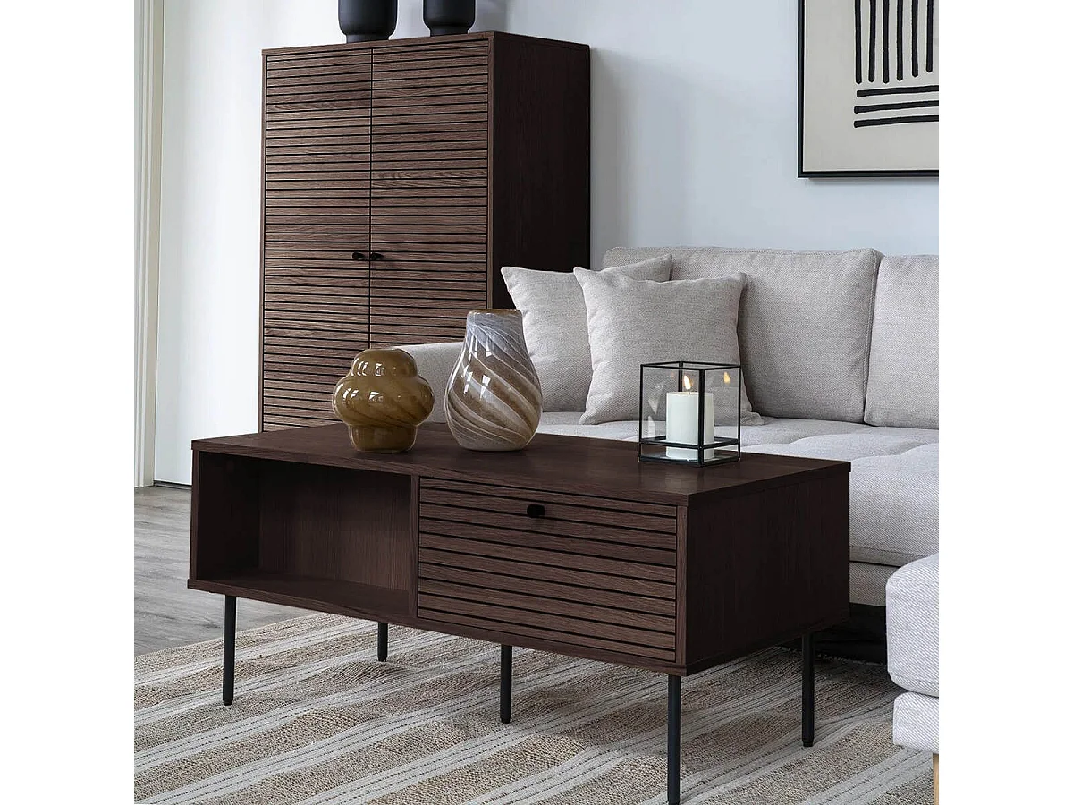 LOWAN - Table basse 2 Tiroirs Effet Tasseaux Teinté Chêne Foncé