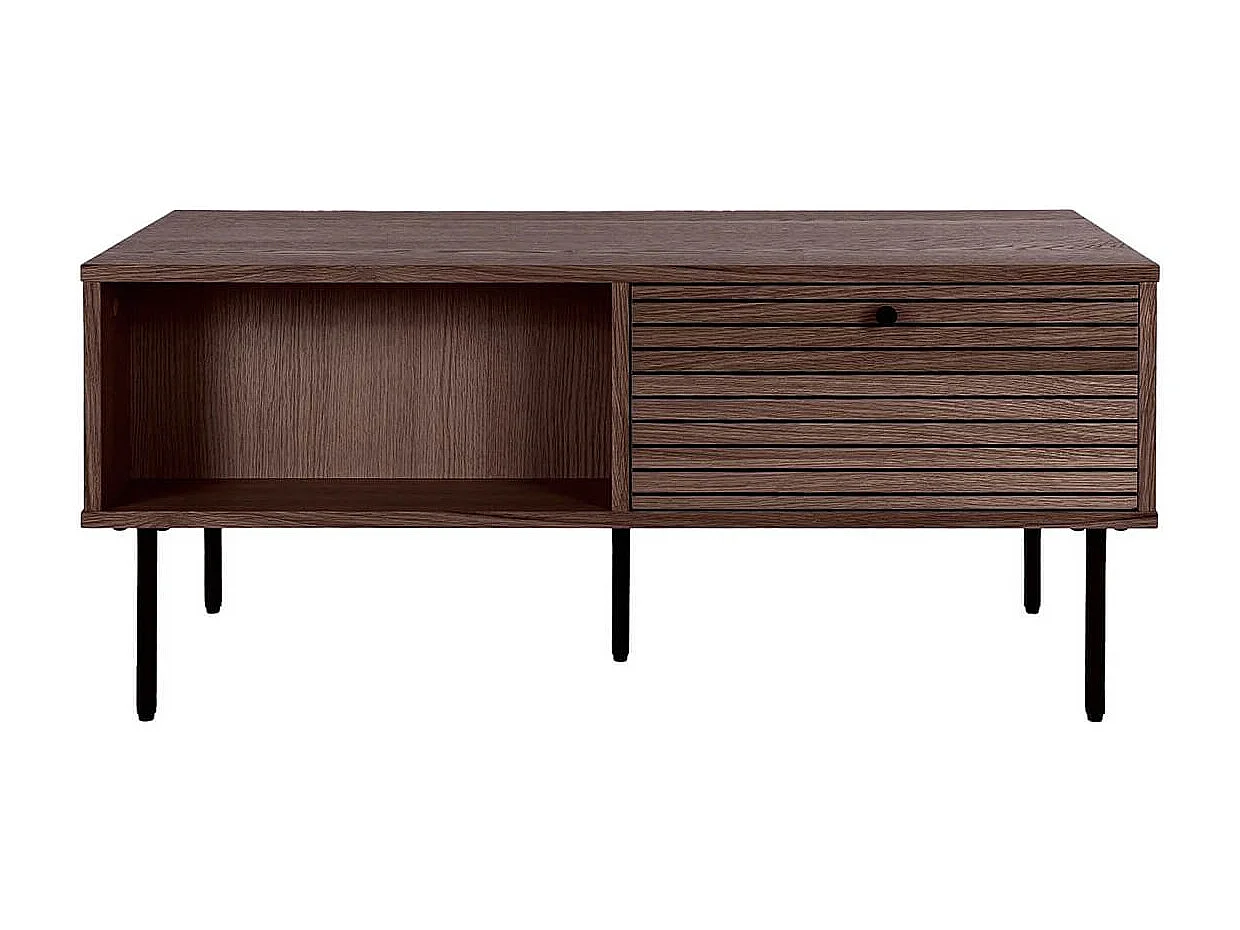 LOWAN - Table basse 2 Tiroirs Effet Tasseaux Teinté Chêne Foncé