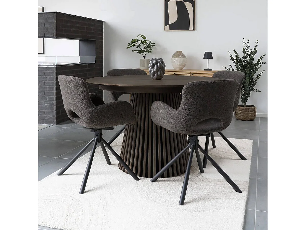 DUBLIN - Table Extensible Ronde Pied Central Relief MDF Placage Chêne fumé