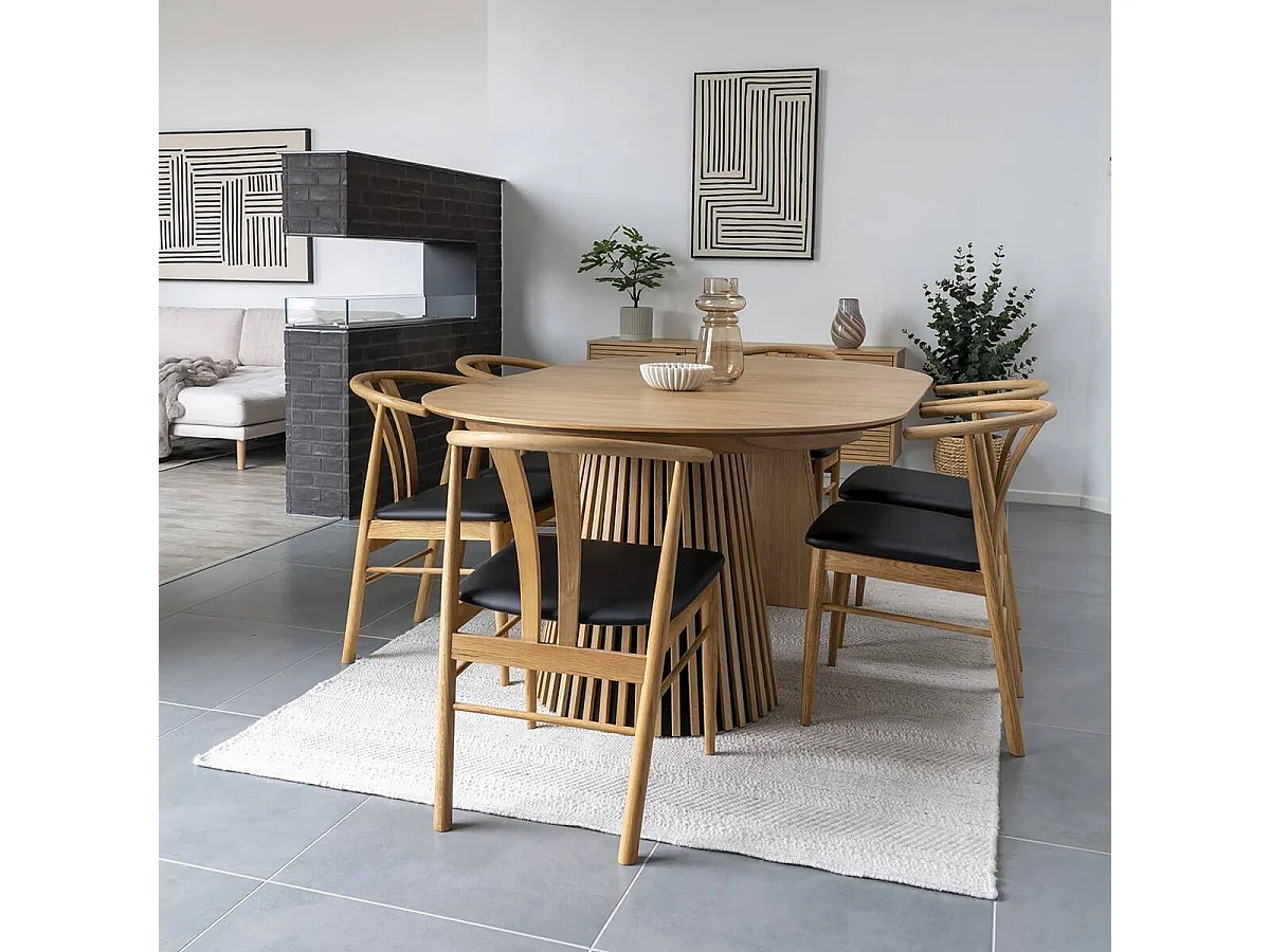 DUBLIN - Table Extensible Ronde Pied Central Relief MDF Placage Chêne clair