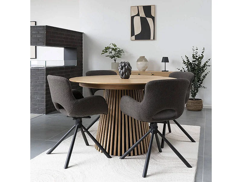 DUBLIN - Table Extensible Ronde Pied Central Relief MDF Placage Chêne clair