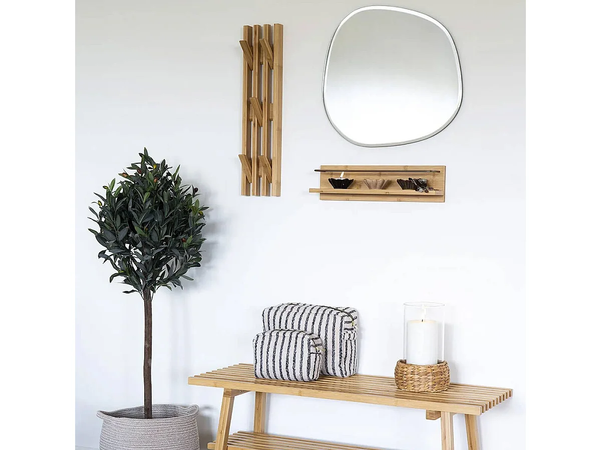 RAYAN - Portant Mural en Bambou avec Patères Mobiles