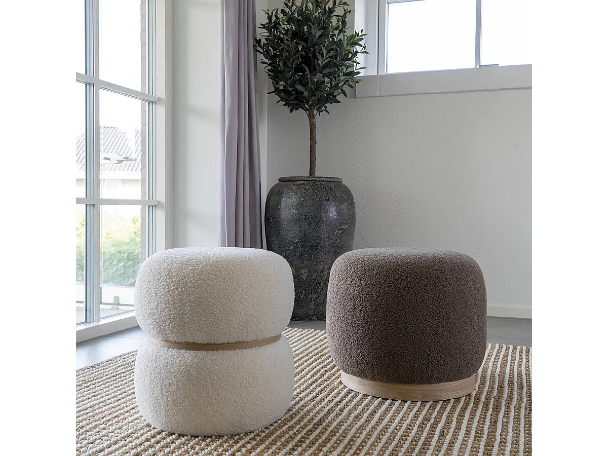 SNOVIK - Pouf Rond en Tissu Bouclé Blanc Ceinturé en MDF