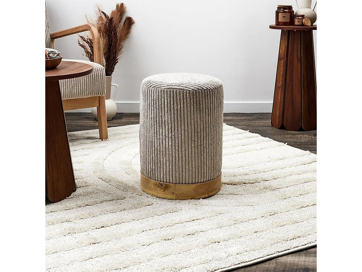 AMORY - Pouf en velours côtelé coloris taupe socle en MDF