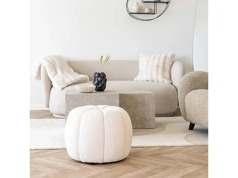 PUMBA - Pouf Rond en Tissu Bouclé Blanc Pieds MDF