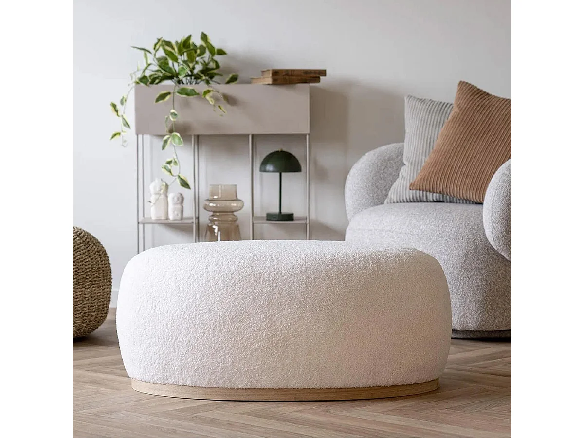 ROVIK - Pouf Ovale en Tissu Bouclé Blanc Socle en MDF