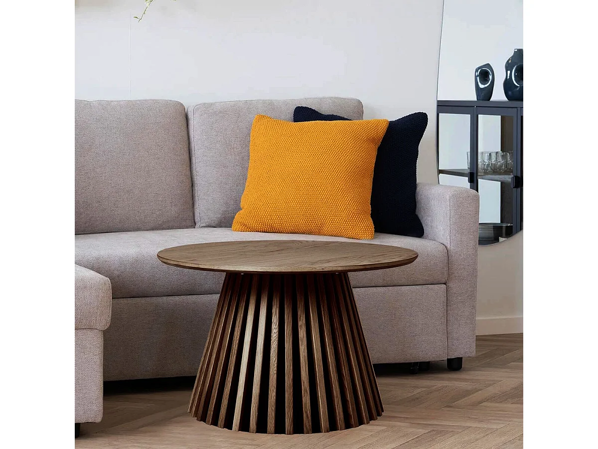 DUBLIN - Table basse Ronde Pied Central Relief MDF Placage Chêne fumé