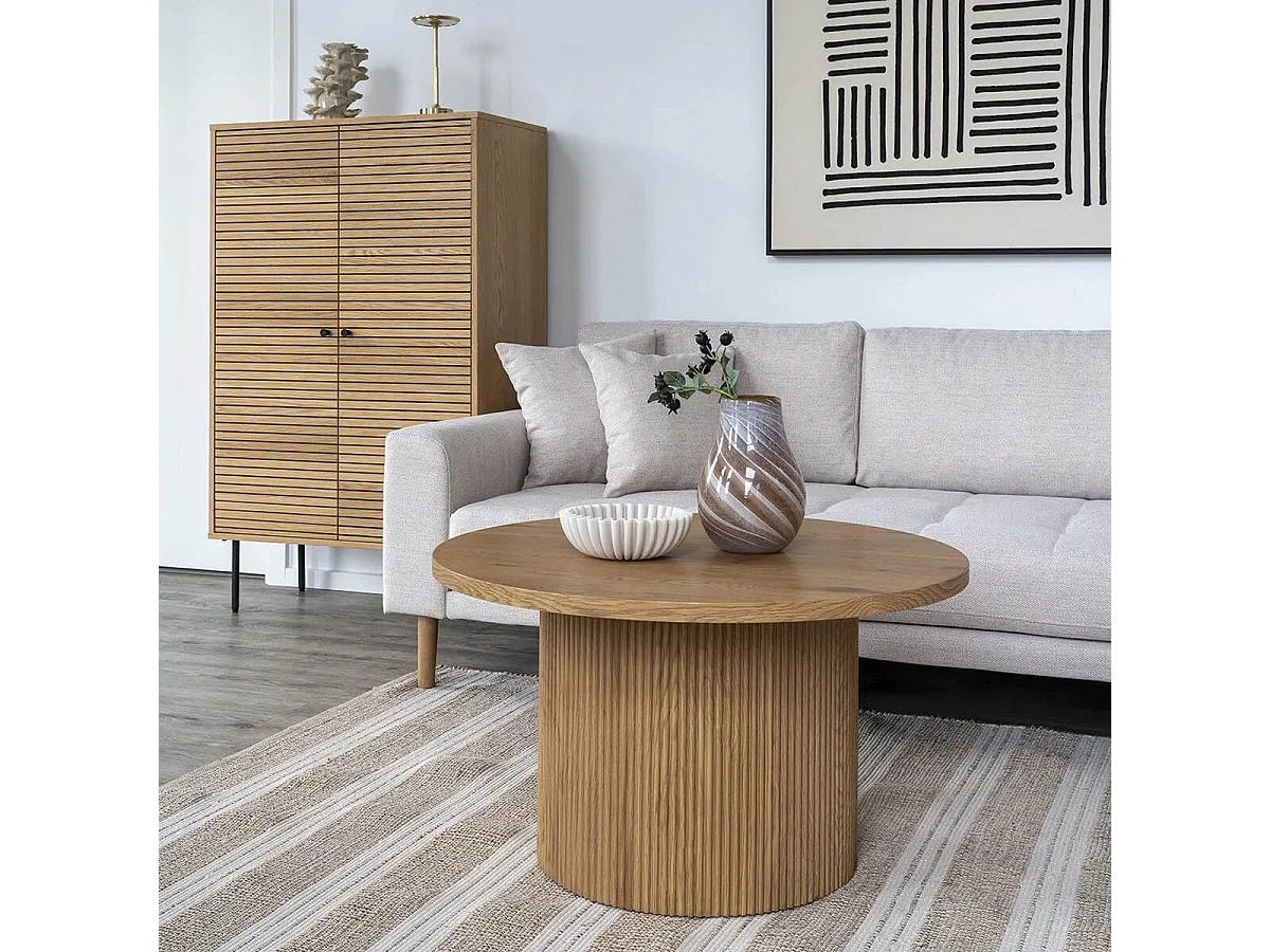 ANKARA - Table basse Ronde 80cm Pieds Relief MDF Effet bois naturel